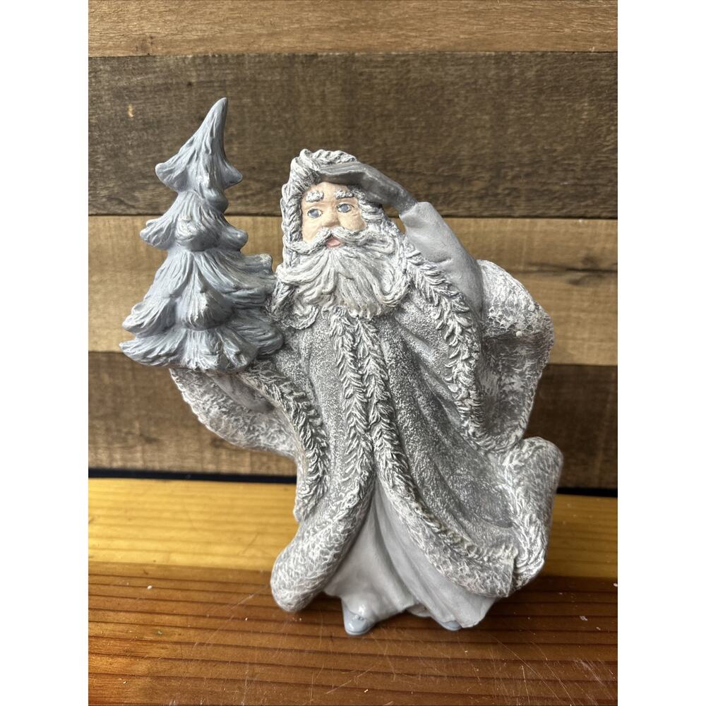 Vintage Santa With Tree Gare 1986 Handpainted Gray Ceramic Bisque 10”